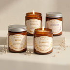 Oud Amber Glass Jar Soy Wax Candle | Silver Lid & Label — Hand-Blown Glass from Firozabad, India — Lifestyle Setting