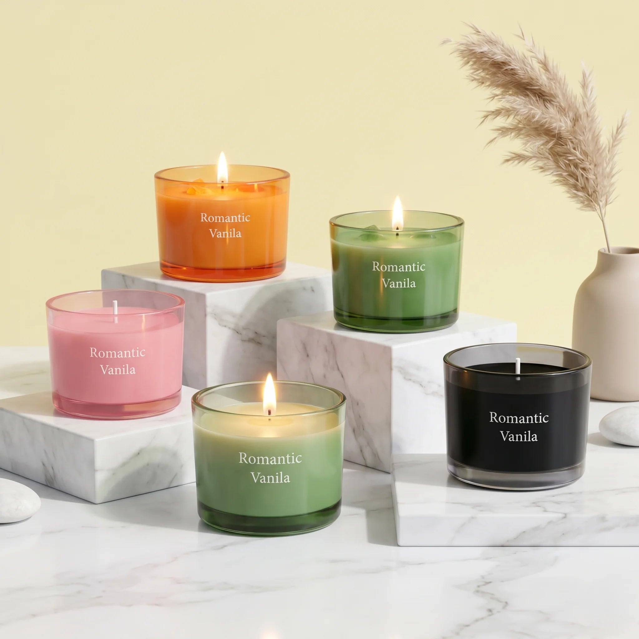 Vanilla Bold Coloured Glass Soy Wax Candle | 6 Colours — Hand-Blown Glass from Firozabad, India — Lifestyle Setting