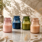 Lavender Apothecary Bottle Glass Soy Wax Candle | Wellness Gift — Hand-Blown Glass from Firozabad, India — Side Angle View