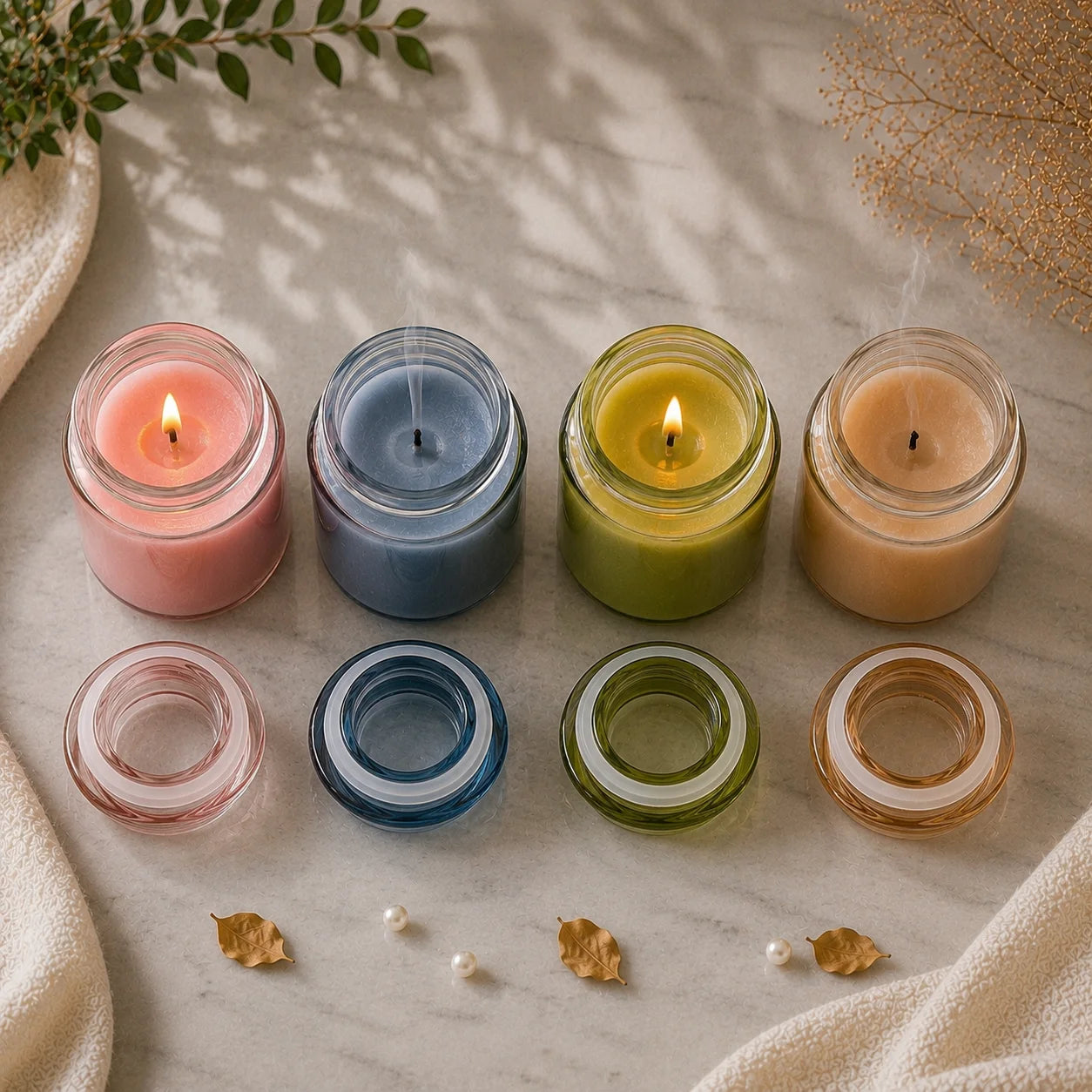 Lavender Apothecary Bottle Glass Soy Wax Candle | Wellness Gift — Hand-Blown Glass from Firozabad, India — Lifestyle Setting