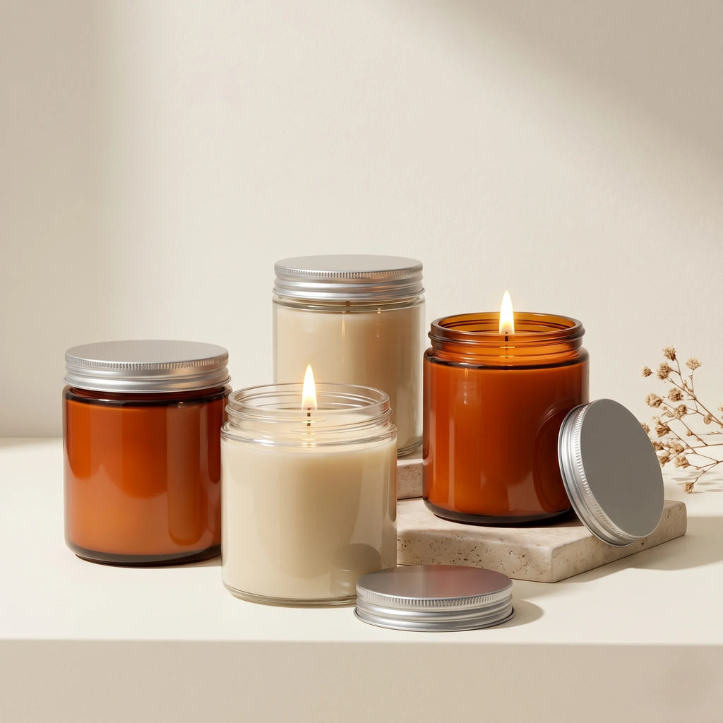 Vanilla Amber Glass Jar Soy Wax Candle | Silver Lid — Hand-Blown Glass from Firozabad, India — Side Angle View