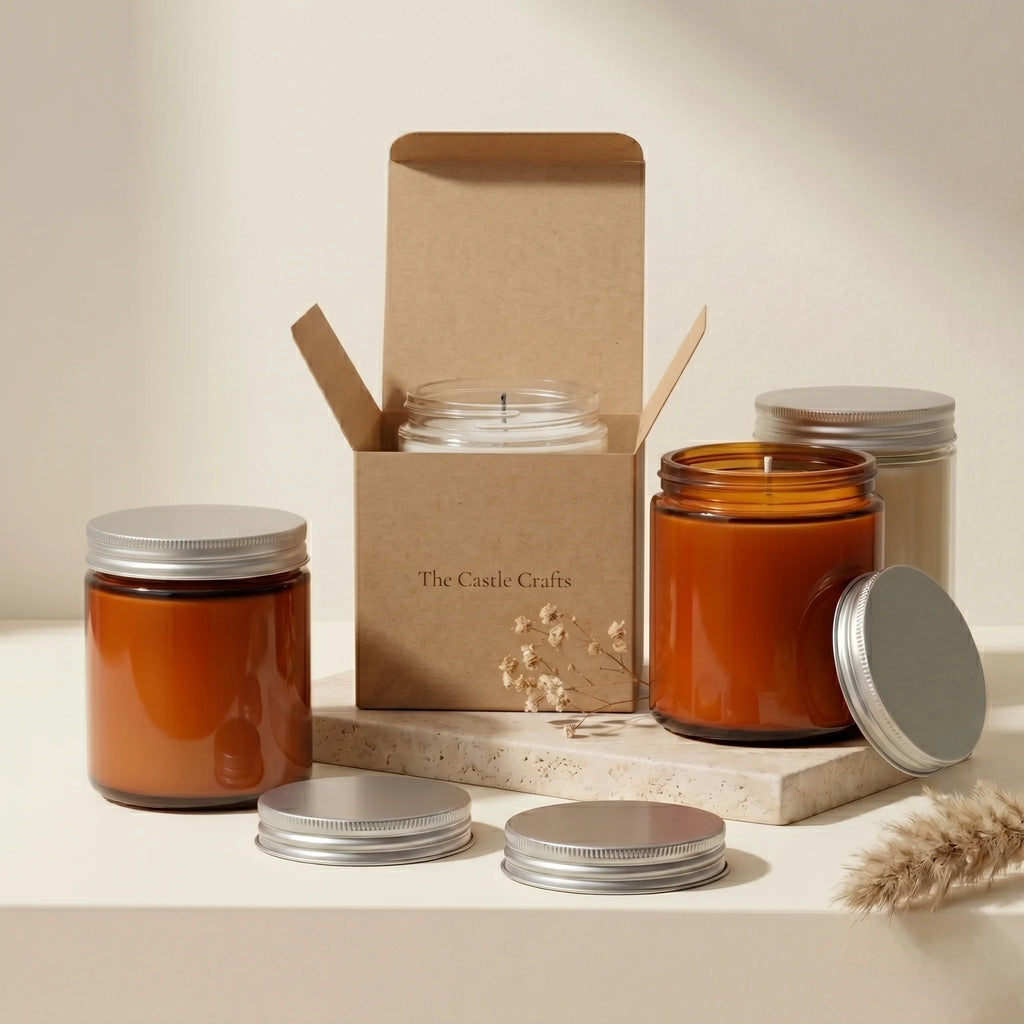 Vanilla Amber Glass Jar Soy Wax Candle | Silver Lid — Hand-Blown Glass from Firozabad, India — Styled for Home Décor