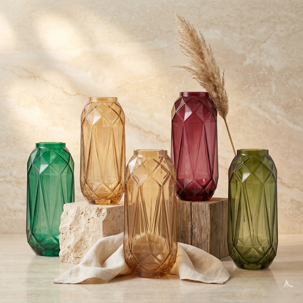Diamond Facet Geometric Glass Vase — Hand-Blown Glass from Firozabad, India — Side Angle View