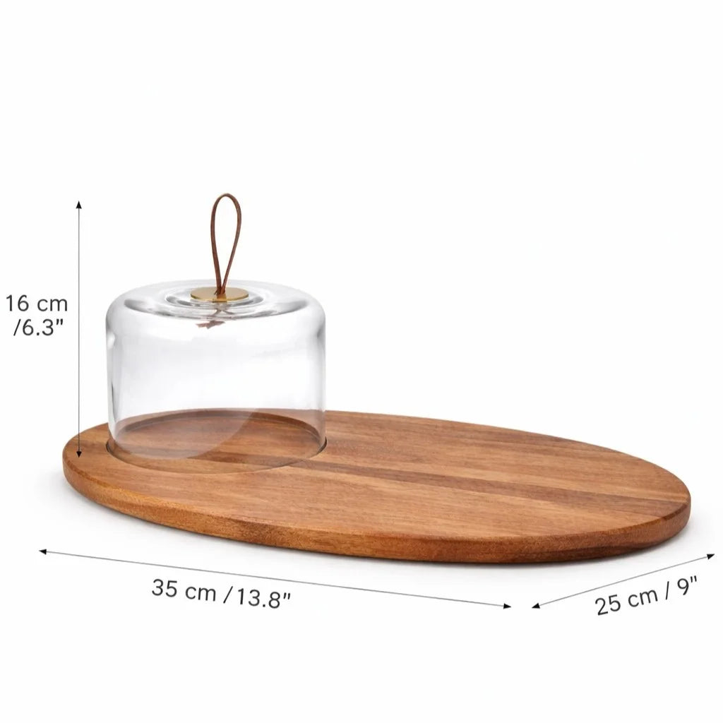 Mini Glass Dome with Leather Handle & Oval Acacia Serving Board | Gifting — Castle Crafts
