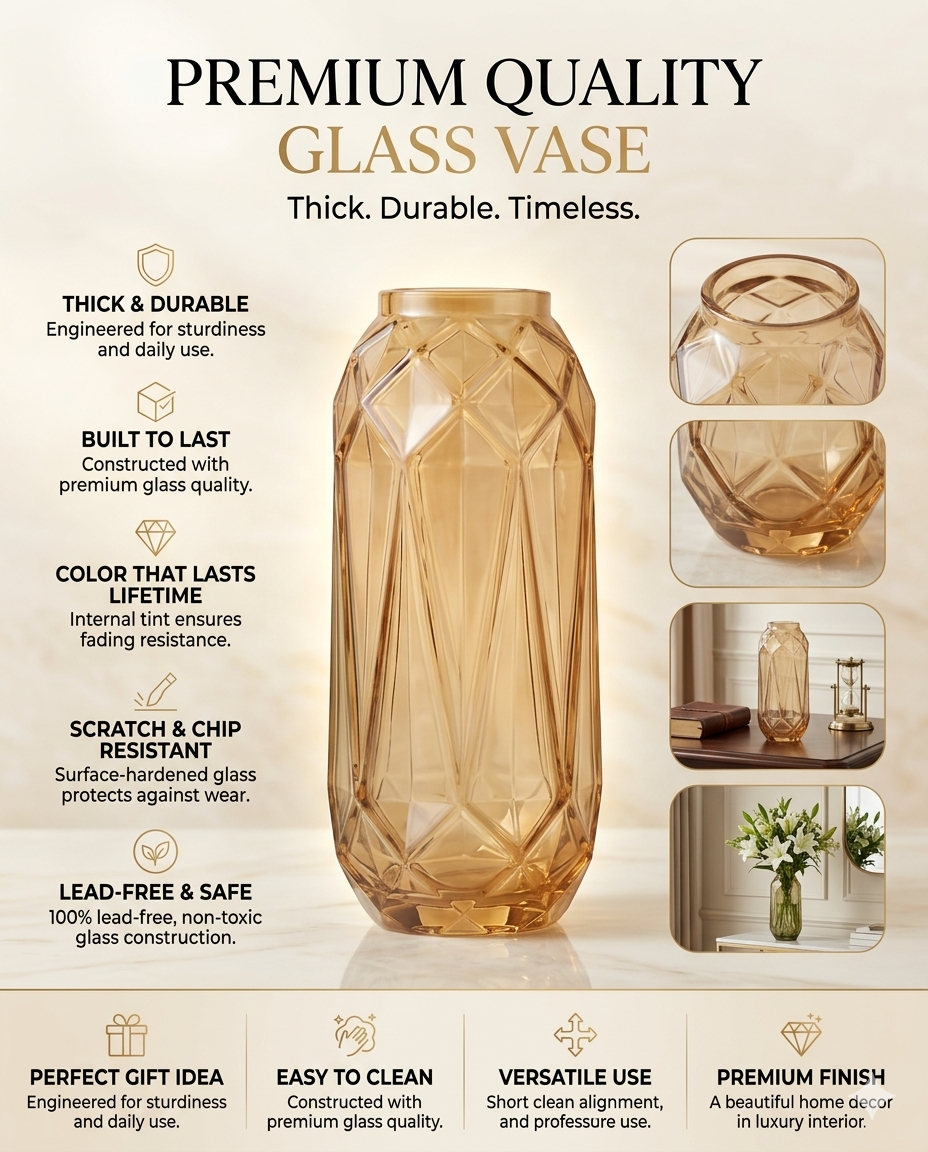Diamond Facet Geometric Glass Vase — Hand-Blown Glass from Firozabad, India — Styled for Home Décor