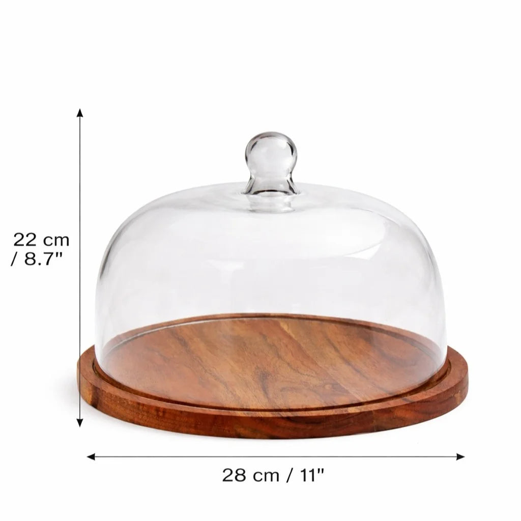 Wide Glass Cake Dome with Round Acacia Wood Board | Cake Display & Gifting — Castle Crafts