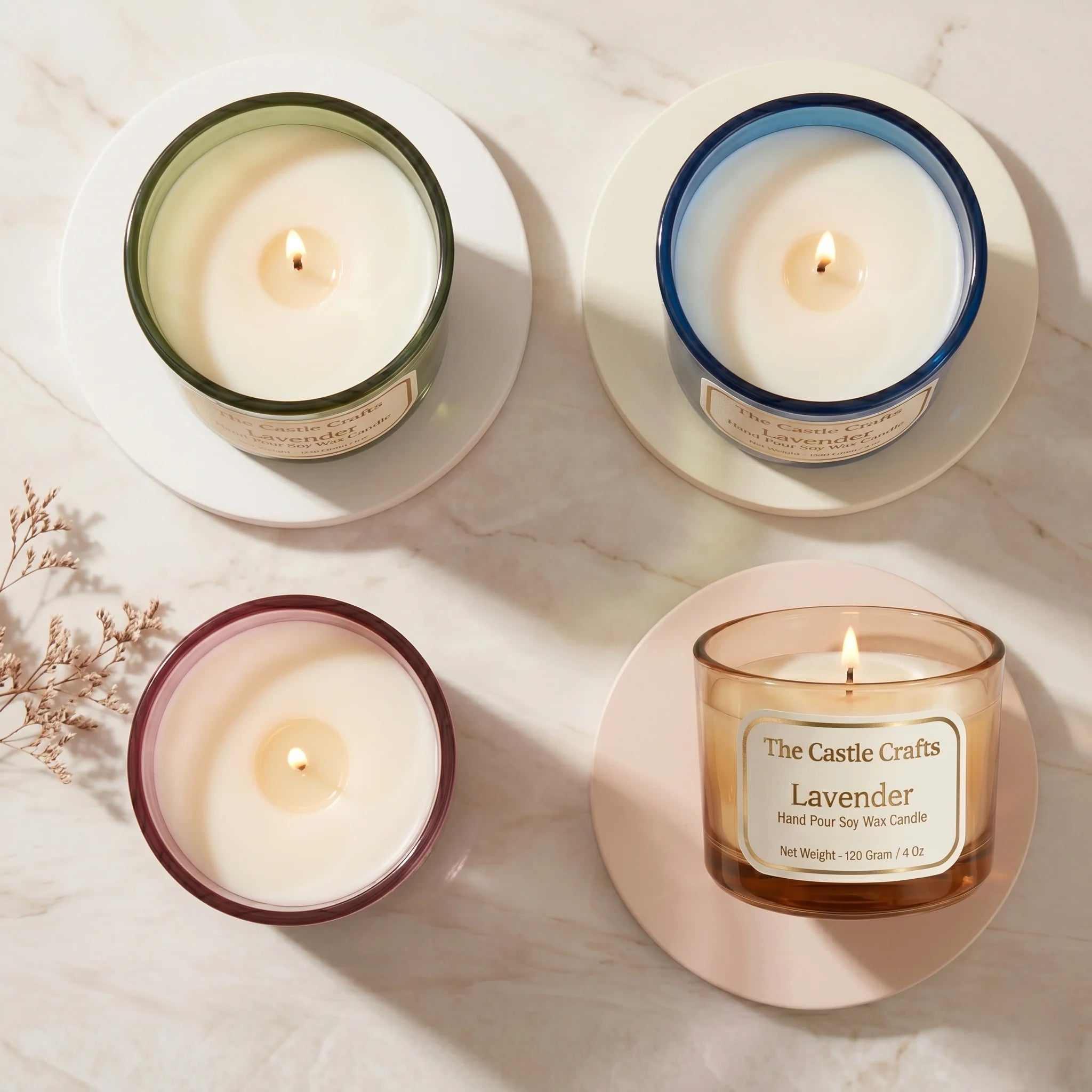 Lavender Hand Pour Soy Wax Candle | Coloured Glass Jar — Hand-Blown Glass from Firozabad, India — Styled for Home Décor