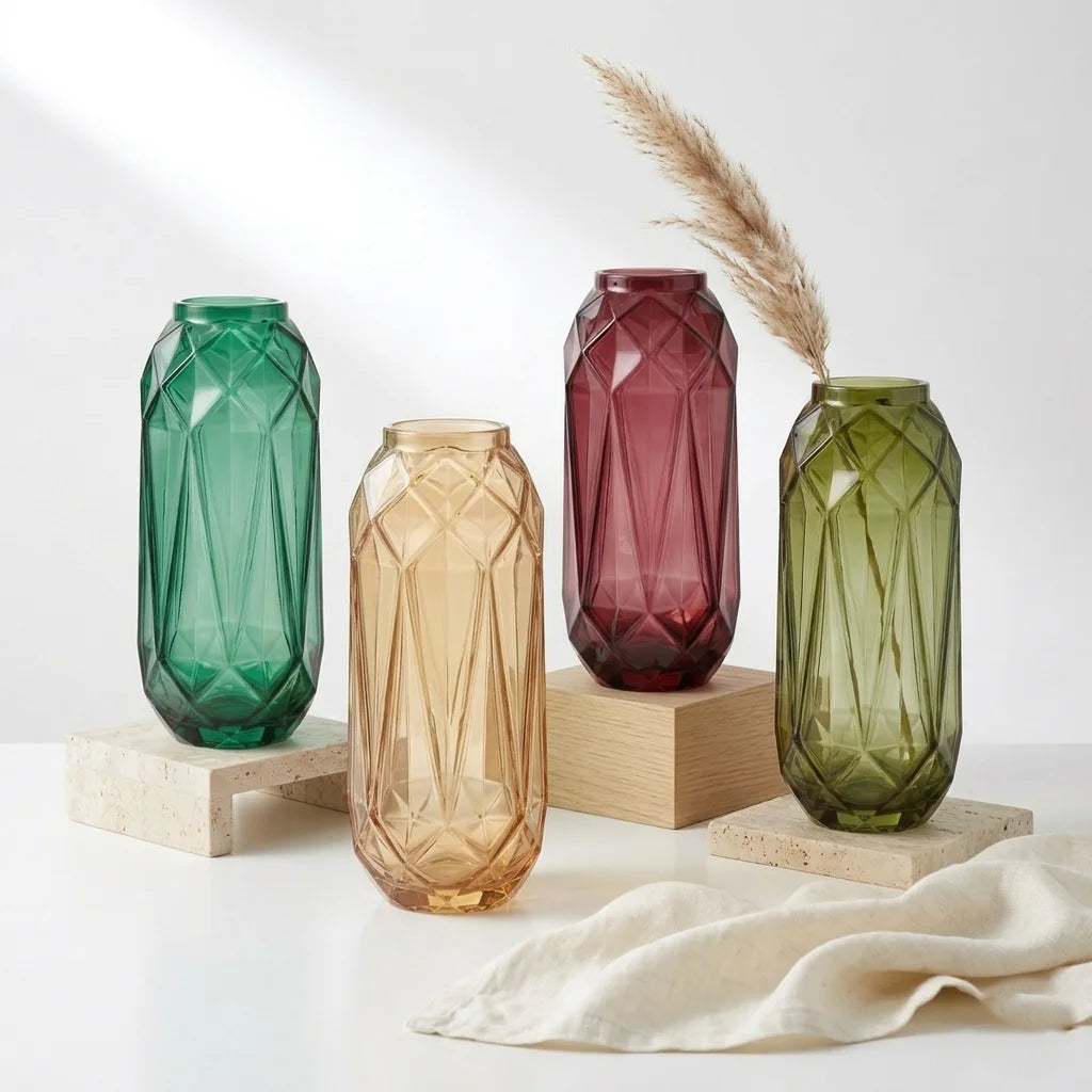 Diamond Facet Geometric Glass Vase — Hand-Blown Glass from Firozabad, India | Floral Arrangements & Home Styling