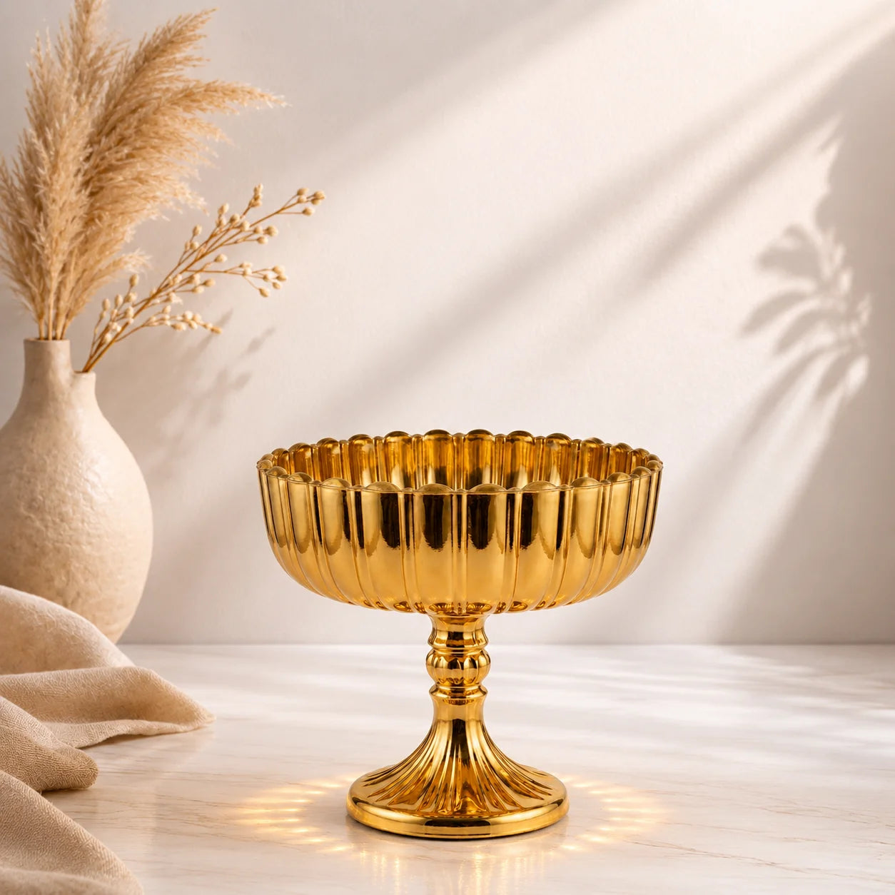 Ribbed Footed Compote Glass Bowl | Scalloped Rim | 3 Colours — Castle Crafts