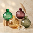 Pumpkin Globe Ribbed Glass Vase — Hand-Blown Glass from Firozabad, India — Styled for Home Décor
