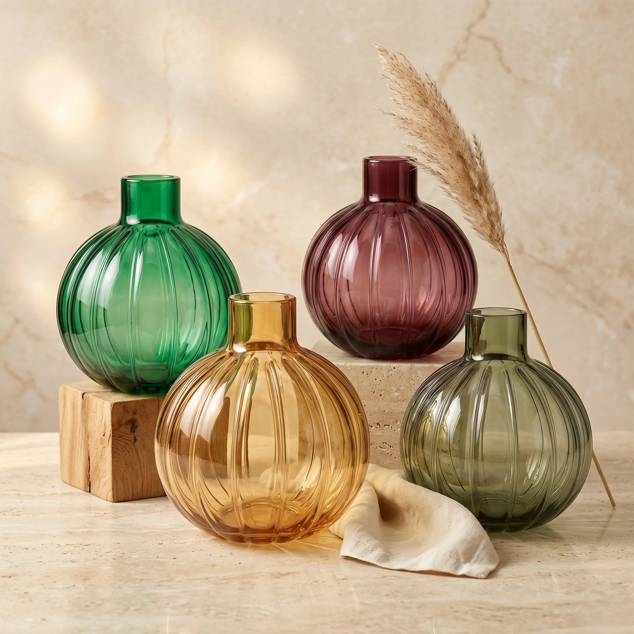 Pumpkin Globe Ribbed Glass Vase — Hand-Blown Glass from Firozabad, India — Styled for Home Décor