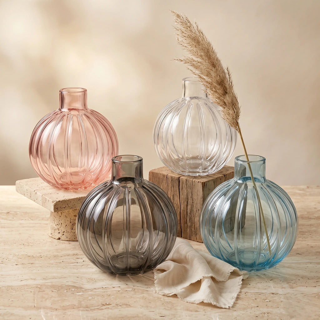 Orion Globe Ribbed Glass Vase — Hand-Blown Glass from Firozabad, India — Styled for Home Décor