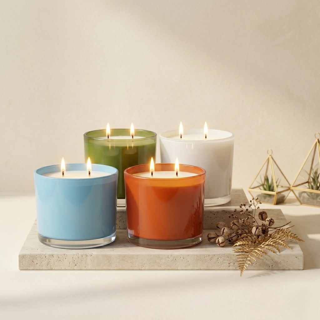 Sandalwood 3-Wick Solid Coloured Glass Candle | Luxury Home Décor — Hand-Blown Glass from Firozabad, India — Styled for Ho...