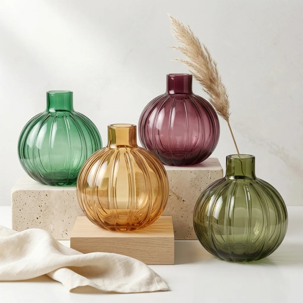 Pumpkin Globe Ribbed Glass Vase — Hand-Blown Glass from Firozabad, India | Floral Arrangements & Home Styling