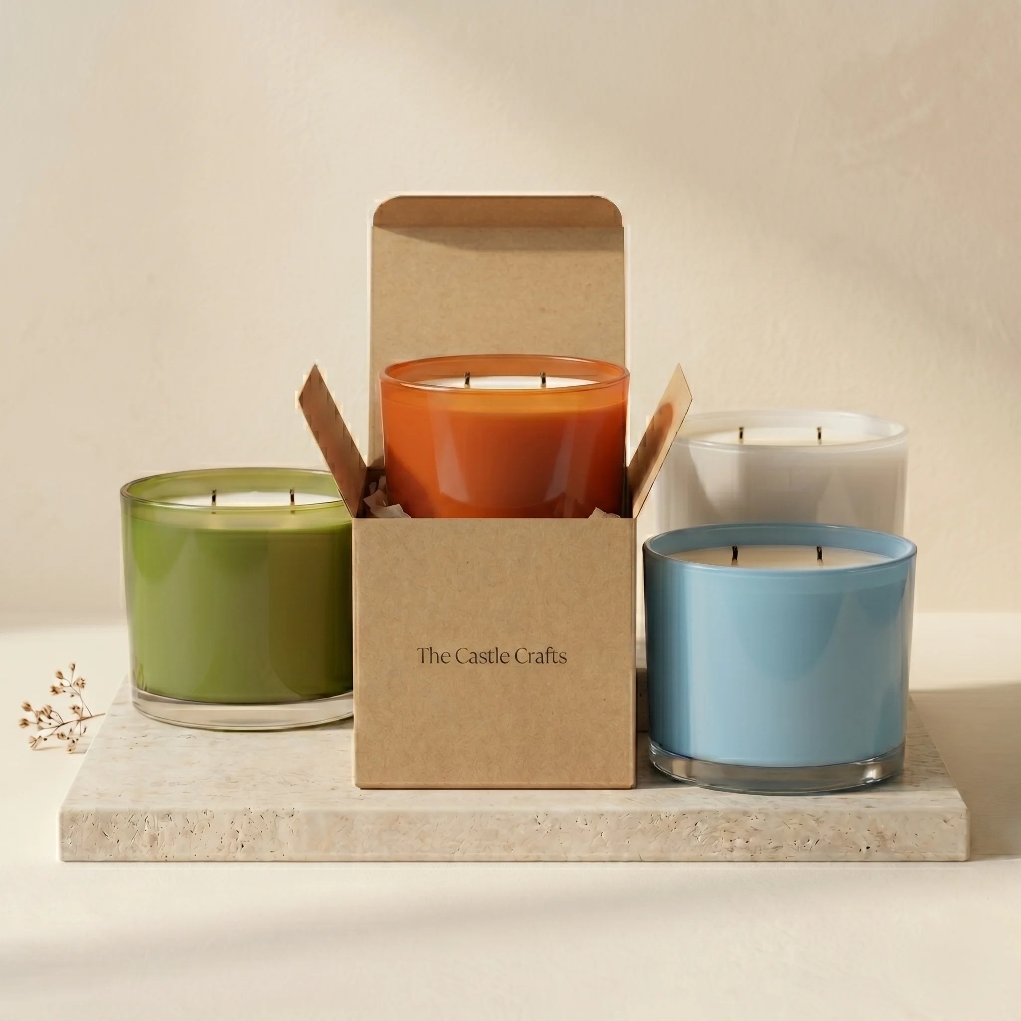 Sandalwood 3-Wick Solid Coloured Glass Candle | Luxury Home Décor — Hand-Blown Glass from Firozabad, India — Lifestyle Set...