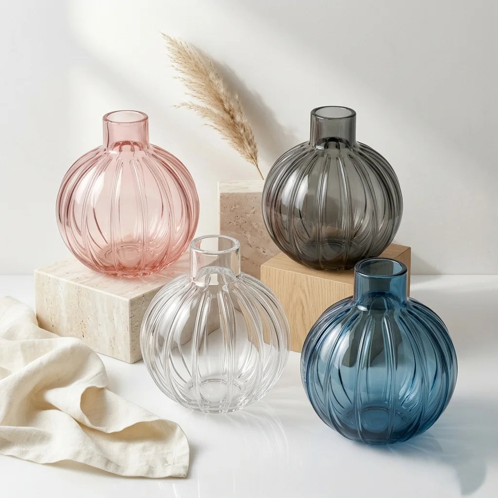 Orion Globe Ribbed Glass Vase — Hand-Blown Glass from Firozabad, India — Side Angle View