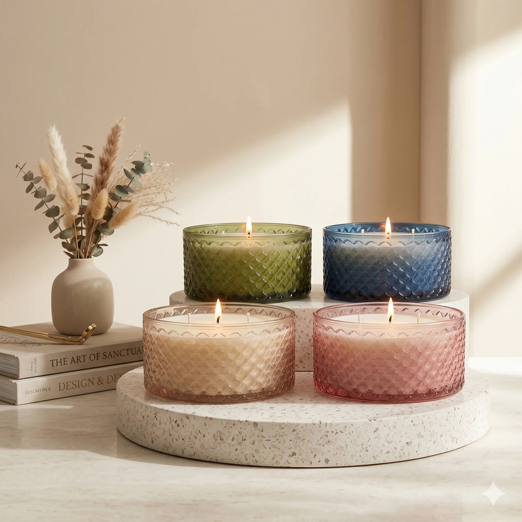 Musk 3-Wick Diamond Texture Glass Bowl Candle | Large Luxury — Hand-Blown Glass from Firozabad, India — Styled for Home Décor