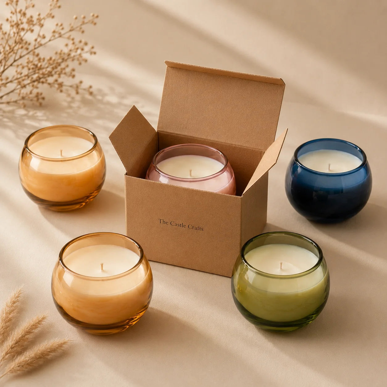 Jasmine Sphere Glass Soy Wax Candle | Unique Gift & Décor — Hand-Blown Glass from Firozabad, India — Side Angle View