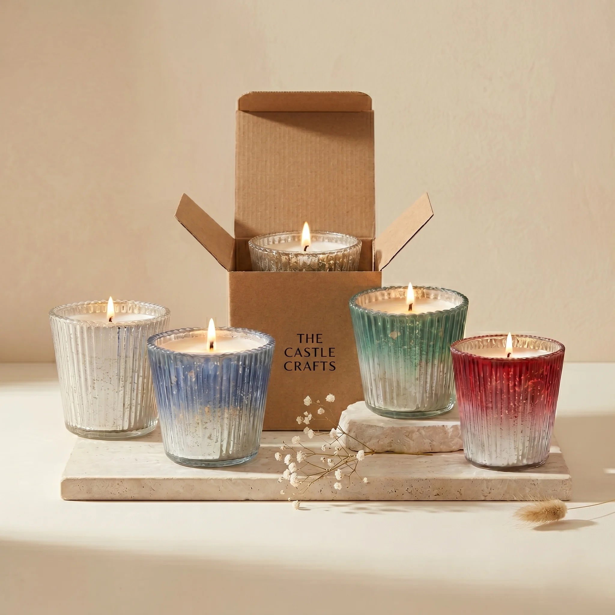 Rose Conical Mercury Glass Soy Wax Candle | 5 Colours — Hand-Blown Glass from Firozabad, India — Lifestyle Setting