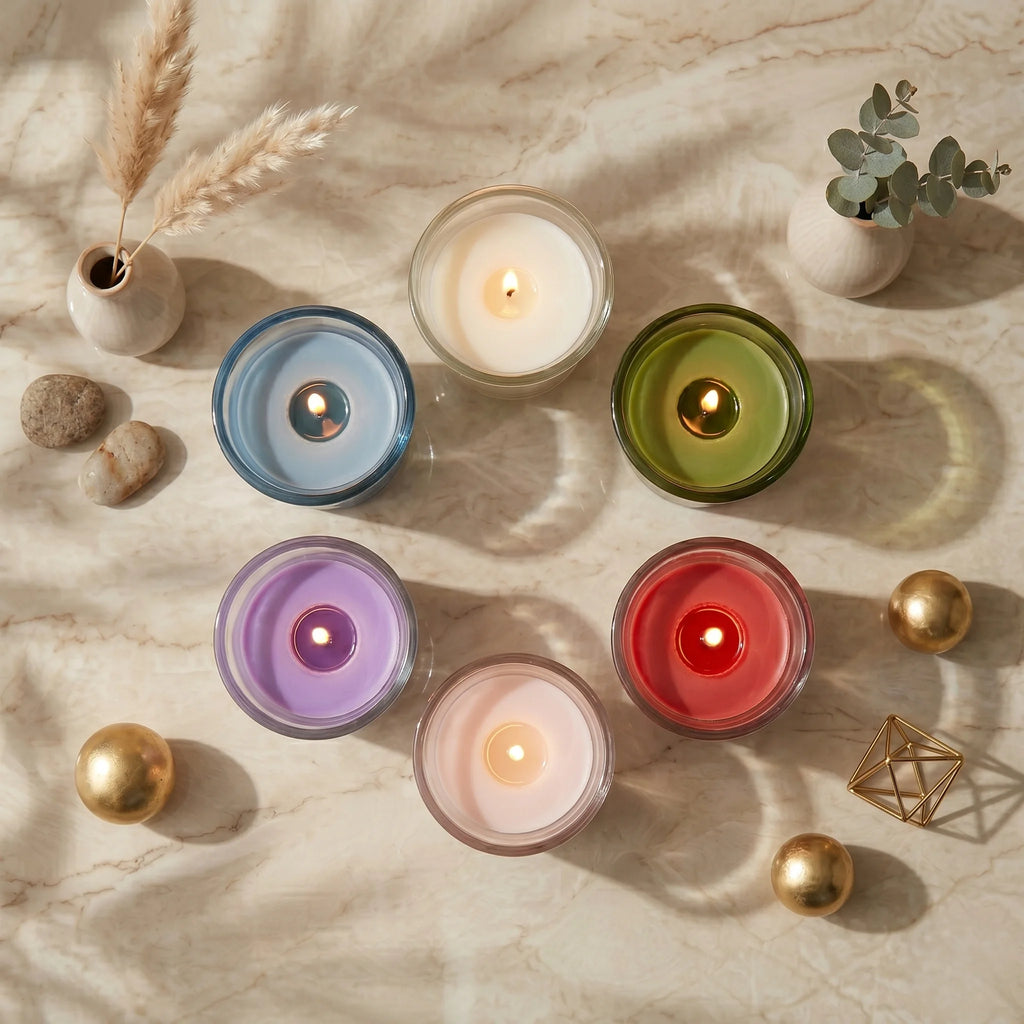 Rose Clear Glass Soy Wax Votive Candle | 6 Colours — Pack of 6 — Hand-Blown Glass from Firozabad, India — Side Angle View