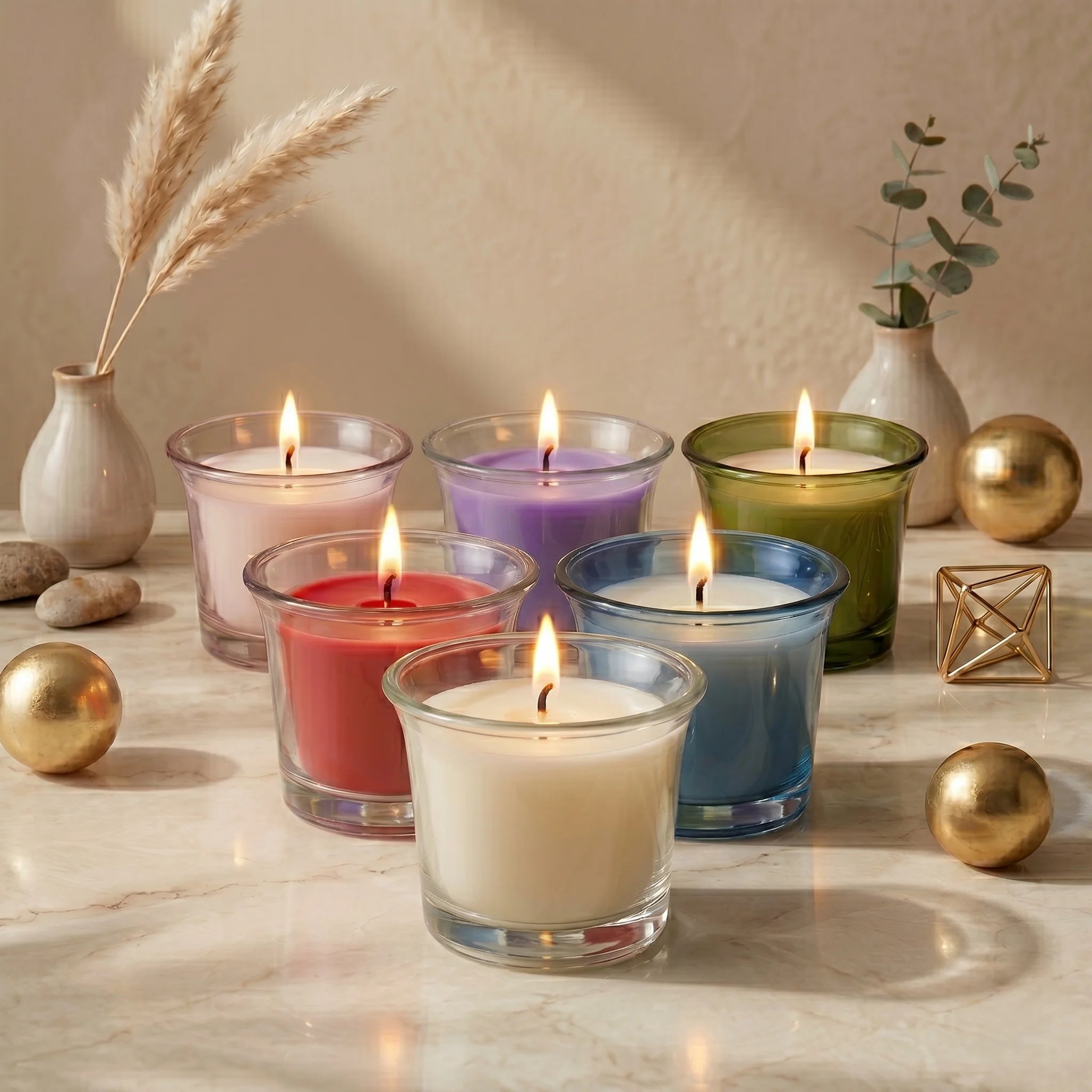 Rose Clear Glass Soy Wax Votive Candle | 6 Colours — Pack of 6 — Hand-Blown Glass from Firozabad, India — Styled for Home...