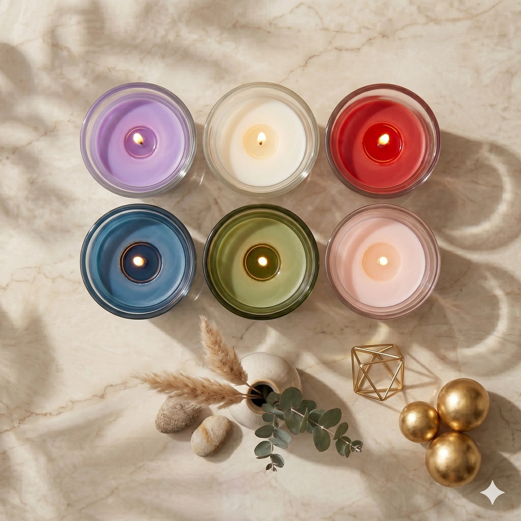 Rose Clear Glass Soy Wax Votive Candle | 6 Colours — Pack of 6 — Hand-Blown Glass from Firozabad, India — Lifestyle Setting