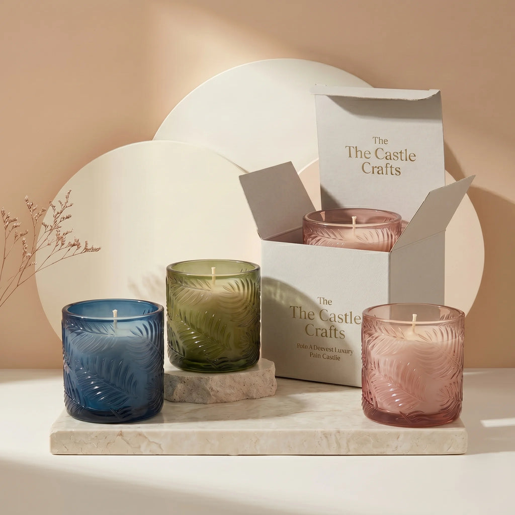 Lilly Bloom Leaf Embossed Glass Soy Wax Candle | Botanical Gift — Hand-Blown Glass from Firozabad, India — Side Angle View