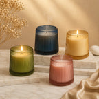 Oud Tapered Ribbed Glass Soy Wax Candle — Hand-Blown Glass from Firozabad, India — Side Angle View