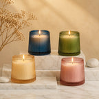 Oud Tapered Ribbed Glass Soy Wax Candle — Hand-Blown Glass from Firozabad, India — Lifestyle Setting