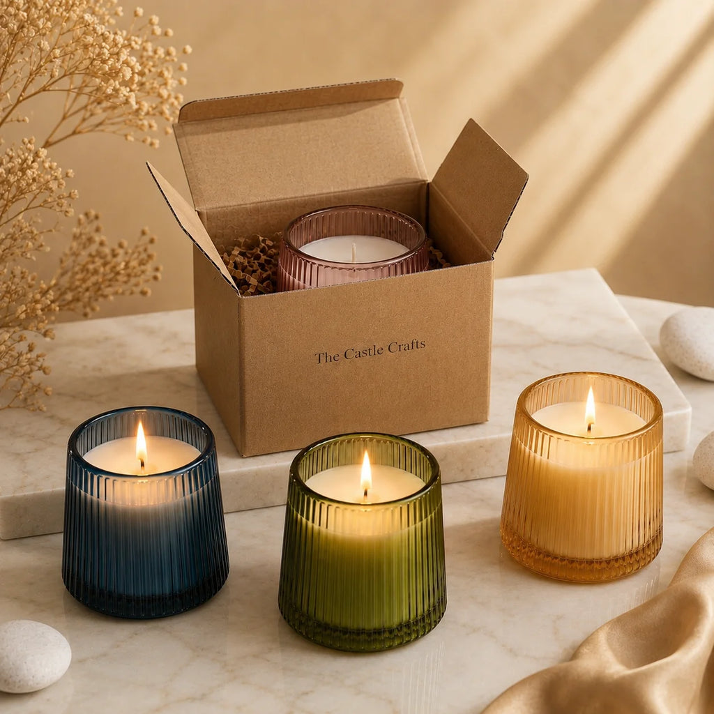 Oud Tapered Ribbed Glass Soy Wax Candle — Hand-Blown Glass from Firozabad, India — Texture & Craftsmanship