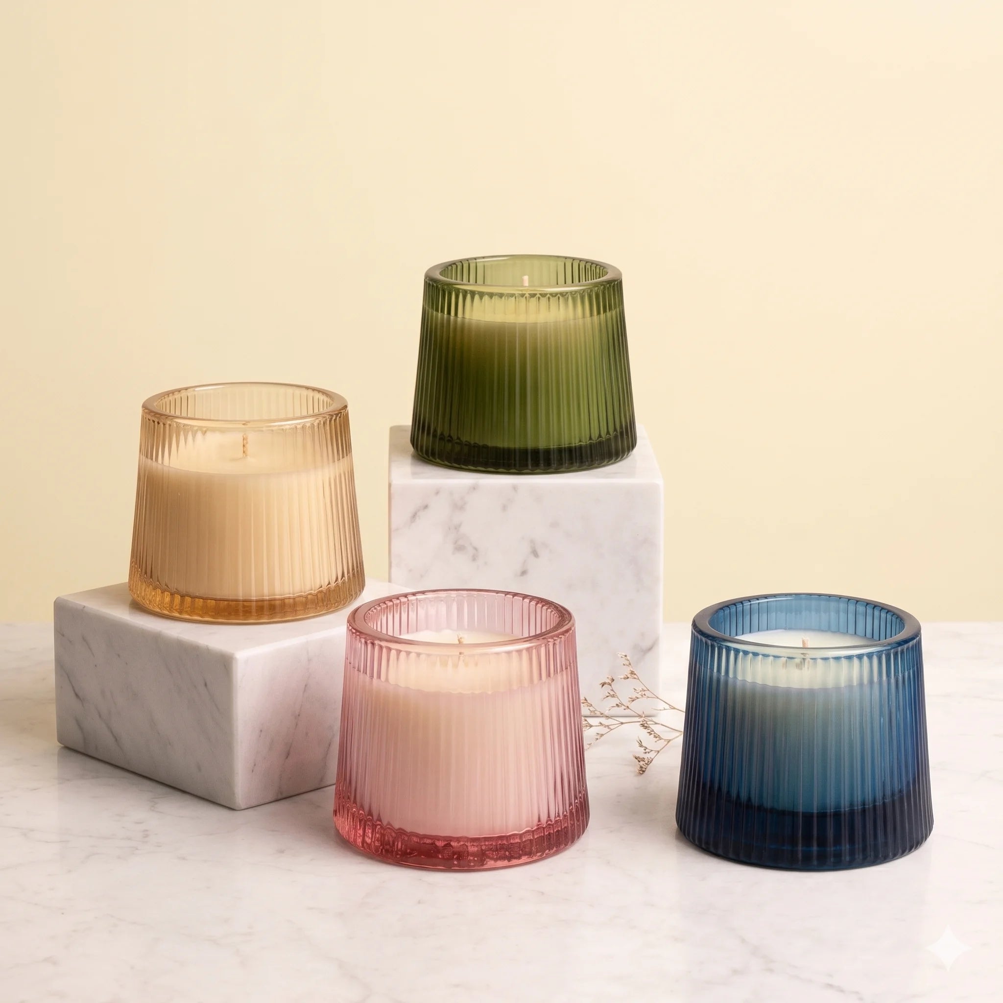 Vanilla Tapered Ribbed Glass Soy Wax Candle | Gift & Décor — Hand-Blown Glass from Firozabad, India — Styled for Home Décor