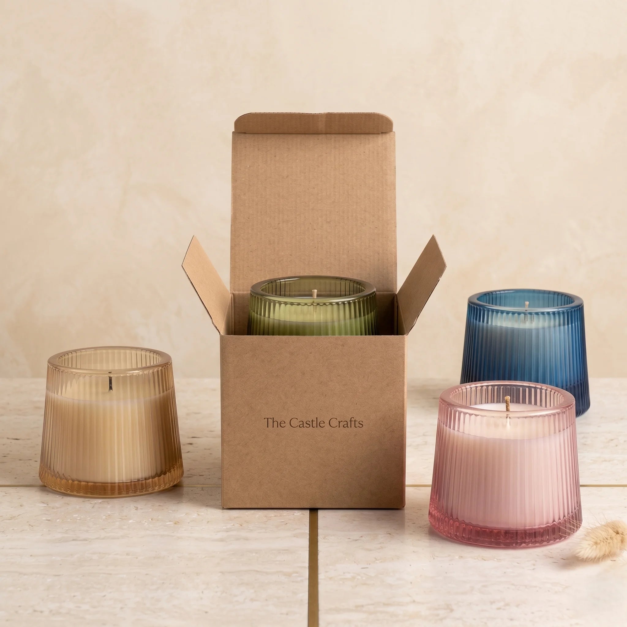 Vanilla Tapered Ribbed Glass Soy Wax Candle | Gift & Décor — Hand-Blown Glass from Firozabad, India — Lifestyle Setting