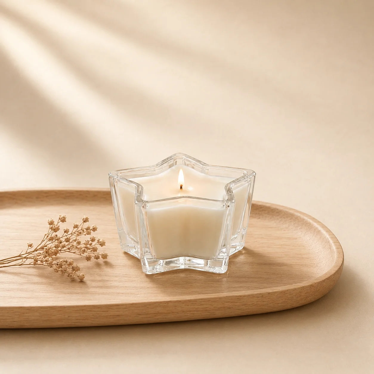 Oud Star-Shaped Glass Soy Wax Candle | Unique Festive Gift — Hand-Blown Glass from Firozabad, India — Side Angle View