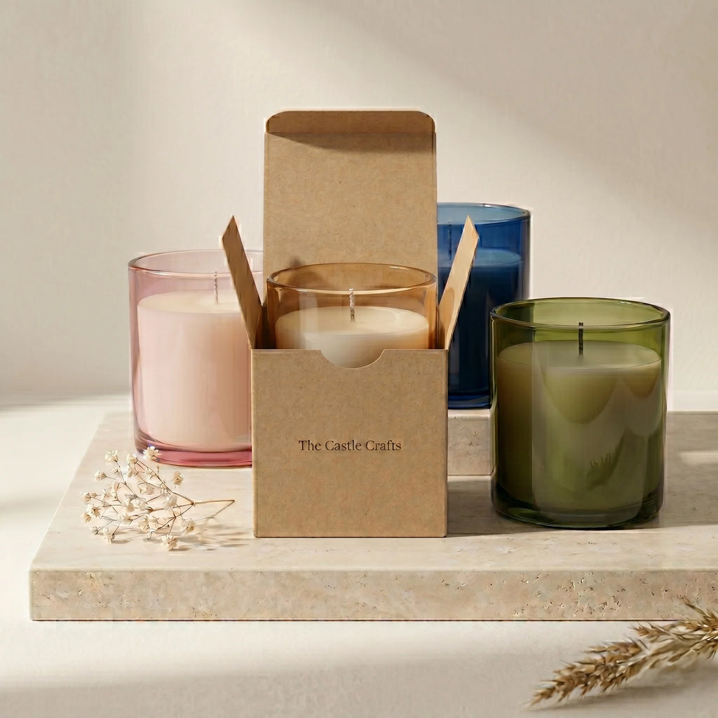 Musk Smooth Coloured Cylinder Glass Soy Wax Candle | 4 Colours — Hand-Blown Glass from Firozabad, India — Side Angle View