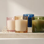 Musk Smooth Coloured Cylinder Glass Soy Wax Candle | 4 Colours — Hand-Blown Glass from Firozabad, India — Lifestyle Setting