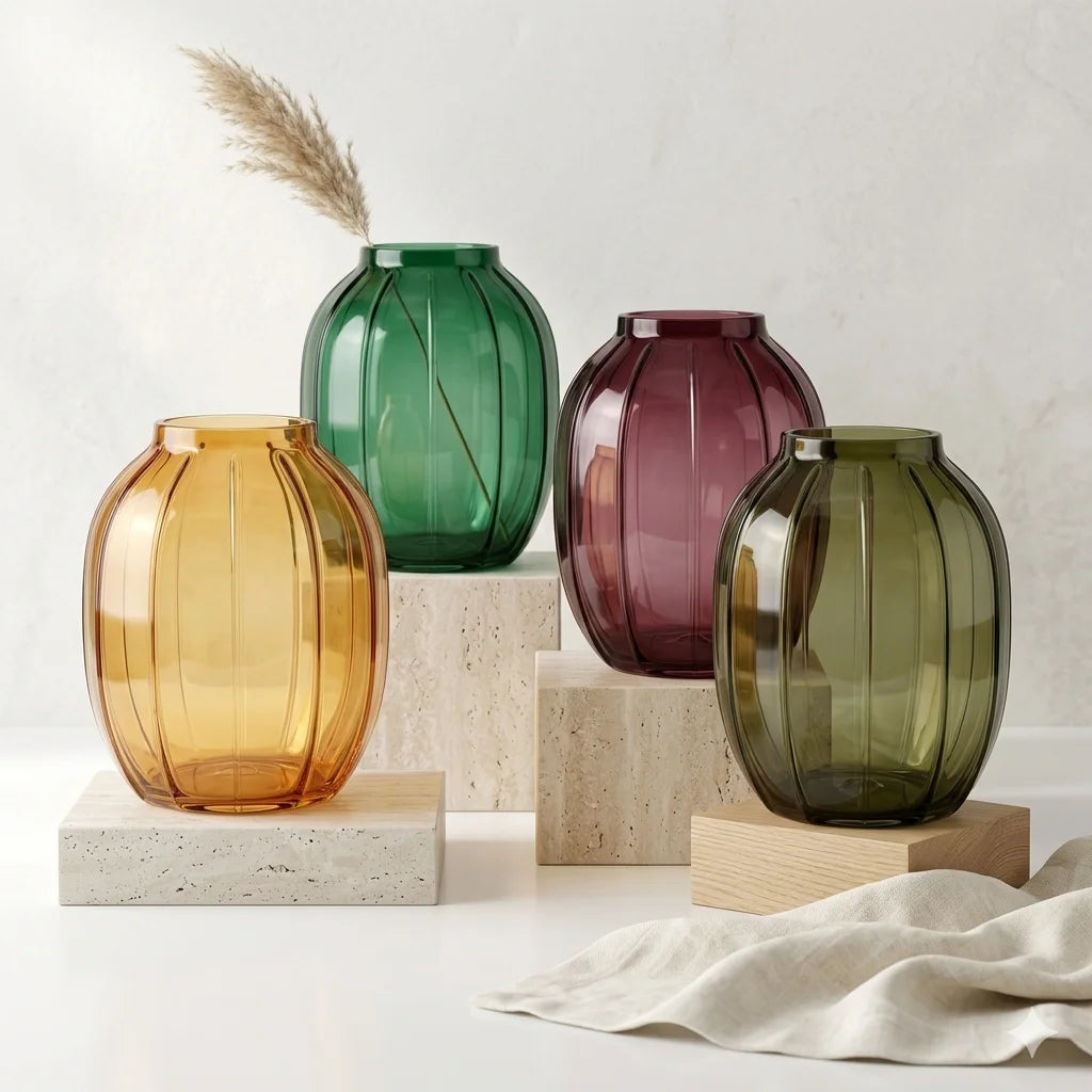 Melon Rib Wide Glass Vase — Hand-Blown Glass from Firozabad, India — Side Angle View