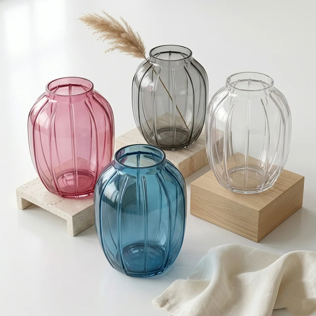 Bloom Rib Wide Glass Vase — Hand-Blown Glass from Firozabad, India — Side Angle View