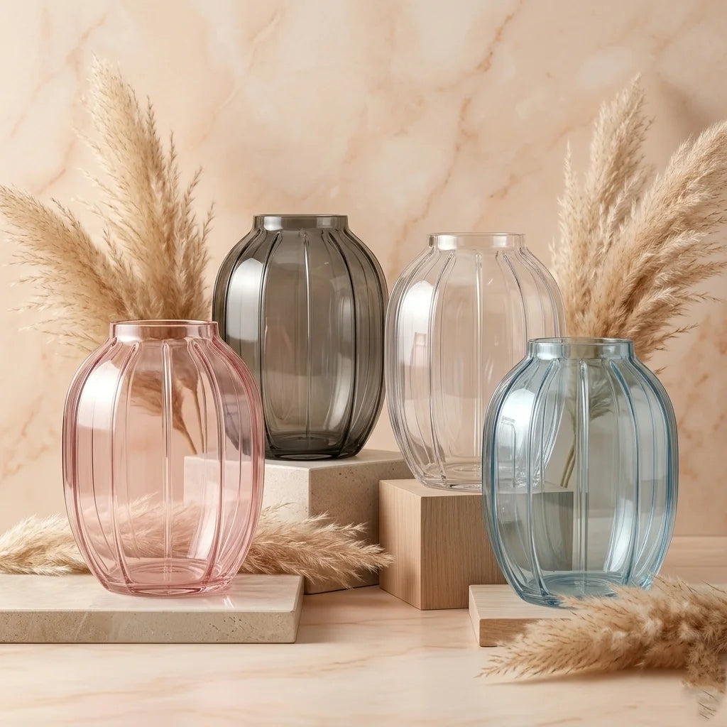 Bloom Rib Wide Glass Vase — Hand-Blown Glass from Firozabad, India | Floral Arrangements & Home Styling