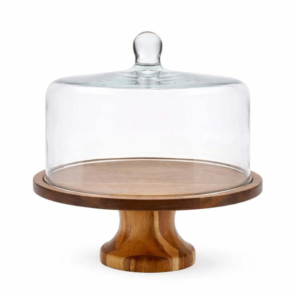 Hand-Blown Glass Dome with Natural Acacia Wood Pedestal Stand | Gifting — Castle Crafts