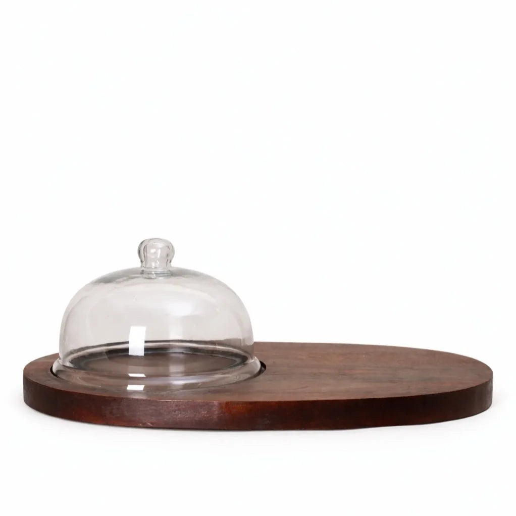 Glass Dome with Round Knob & Dark Walnut Oval Wood Board | Minimalist Luxury — Castle Crafts