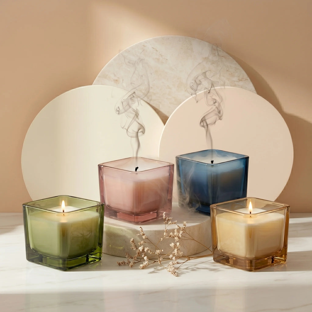 Jasmine Soy Wax Candle | Square Glass Jar | Hand Poured — Hand-Blown Glass from Firozabad, India — Lifestyle Setting