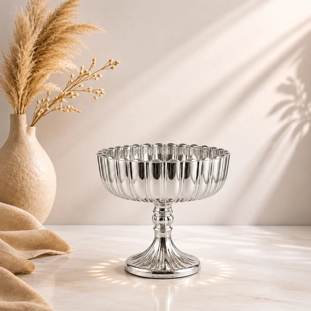 Ribbed Footed Compote Glass Bowl | Scalloped Rim | 3 Colours — Castle Crafts