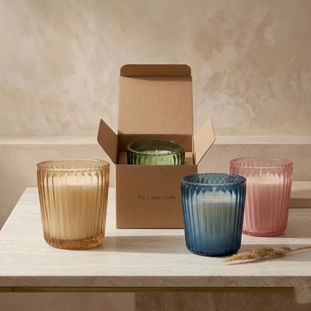 Vanilla Scallop Rim Ribbed Glass Soy Wax Candle | 4 Colours — Hand-Blown Glass from Firozabad, India — Styled for Home Décor