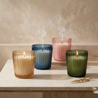 Vanilla Scallop Rim Ribbed Glass Soy Wax Candle | 4 Colours — Hand-Blown Glass from Firozabad, India — Lifestyle Setting