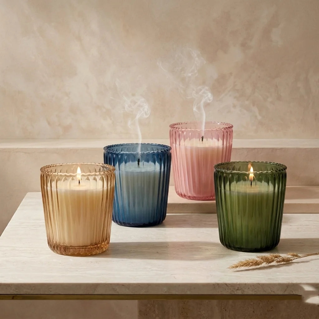 Vanilla Scallop Rim Ribbed Glass Soy Wax Candle | 4 Colours — Hand-Blown Glass from Firozabad, India — Lifestyle Setting