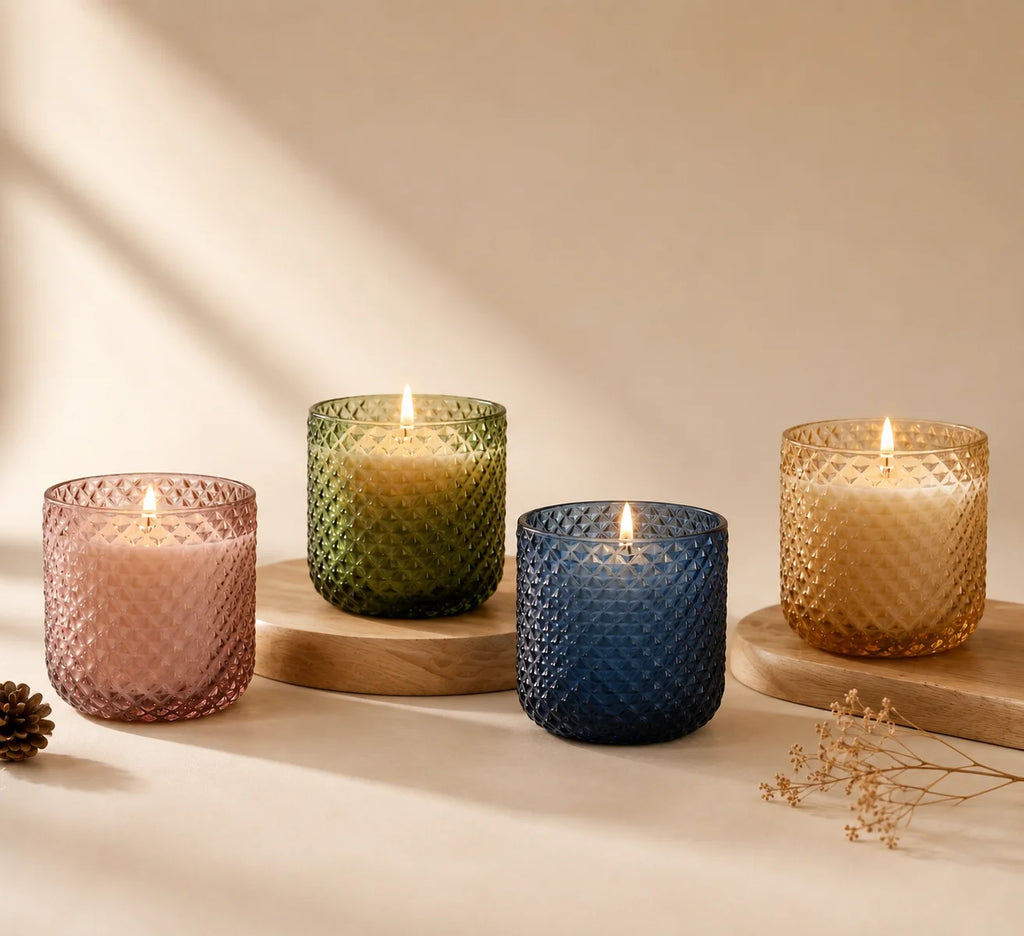 Sandalwood Diamond Crosshatch Glass Soy Wax Candle | Premium Gift — Hand-Blown Glass from Firozabad, India — Side Angle View