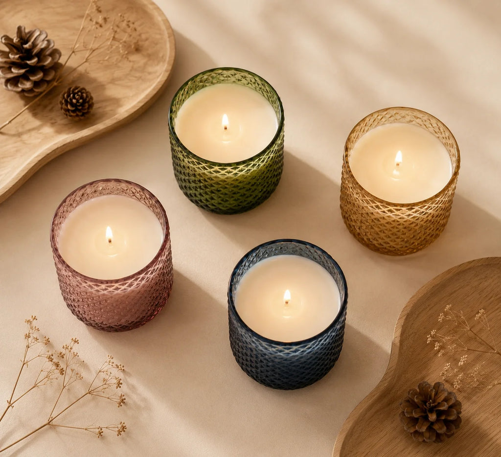 Sandalwood Diamond Crosshatch Glass Soy Wax Candle | Premium Gift — Hand-Blown Glass from Firozabad, India — Styled for Ho...