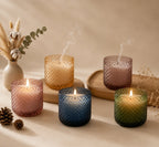 Sandalwood Diamond Crosshatch Glass Soy Wax Candle | Premium Gift — Hand-Blown Glass from Firozabad, India — Lifestyle Set...