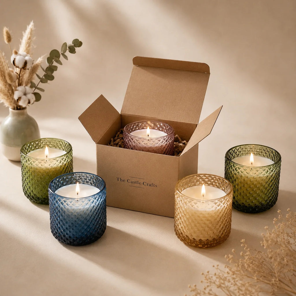 Sandalwood Diamond Crosshatch Glass Soy Wax Candle | Premium Gift — Hand-Blown Glass from Firozabad, India — Texture & Cra...