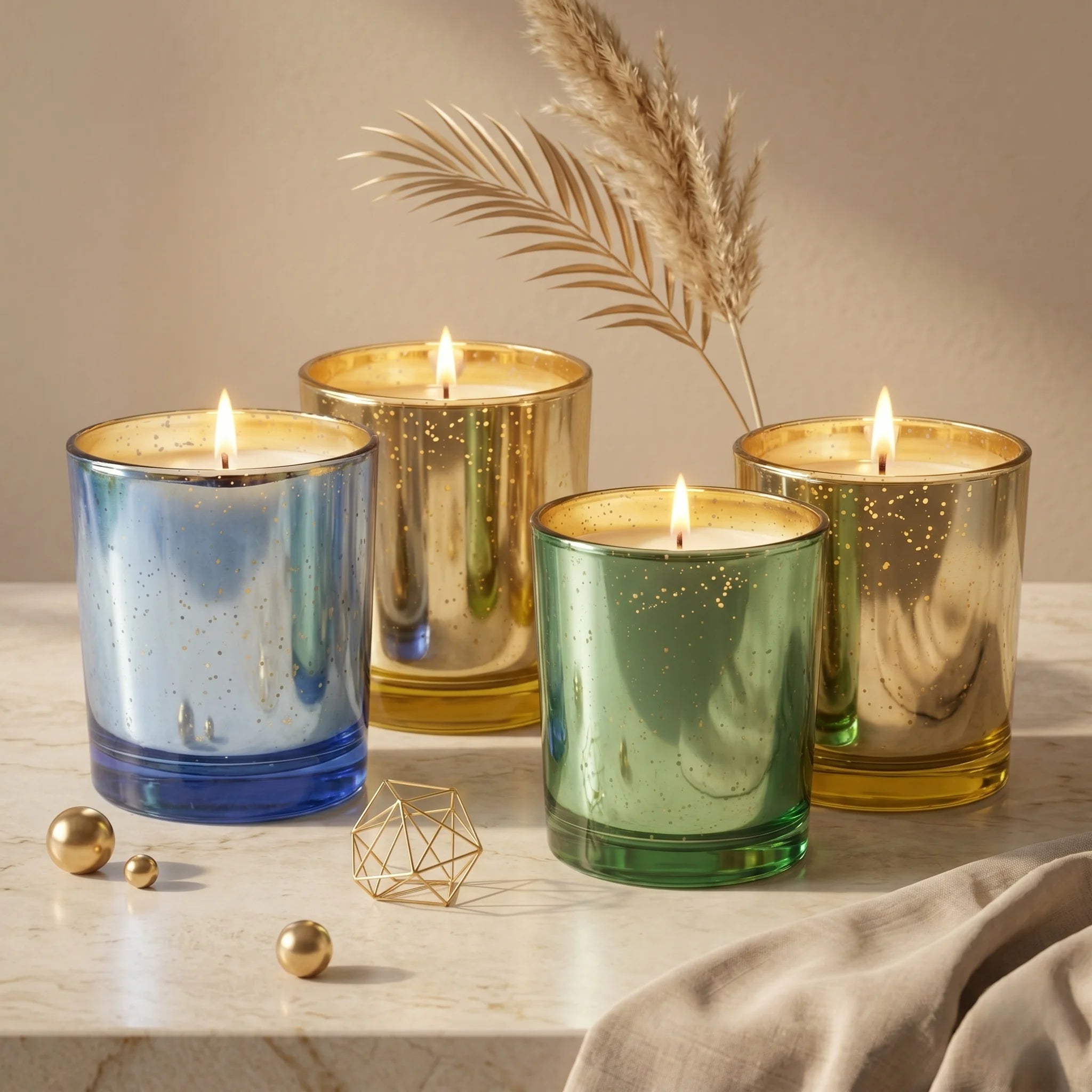 Musk Mercury Gold Iridescent Glass Soy Wax Candle | Luxury — Hand-Blown Glass from Firozabad, India — Side Angle View